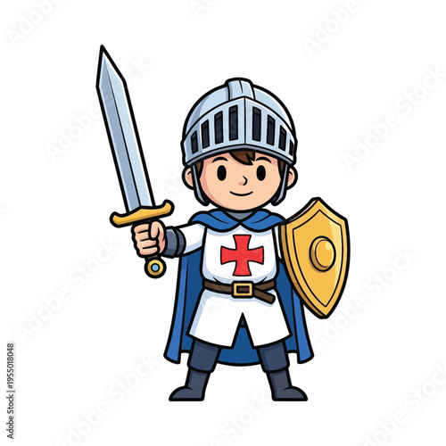A cheerful cartoon knight ready for a heroic adventure with shield and sword