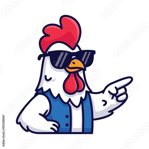 Stylish rooster pointing with sunglasses and a vest in a confident pose