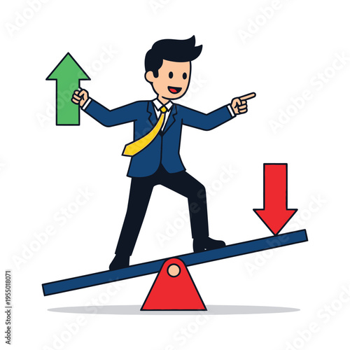 Business professional balancing growth and decline on a seesaw