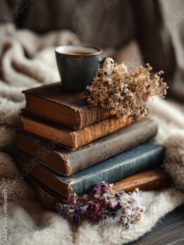 Warm Coffee Cup on Stacked Books With Dried Flowers on a Cozy Blanket in a Qu...