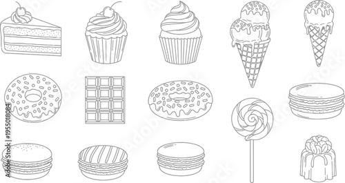 Collection of delicious sweet treats and baked goods illustrated as simple black and white outline vector graphics for design projects