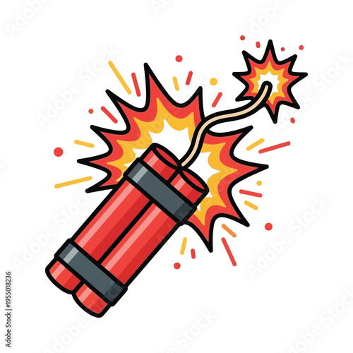 A stylized illustration of a red explosive device detonating with fiery sparks