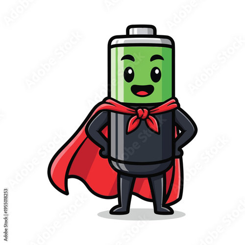 Energized superhero battery with a cheerful and dynamic pose