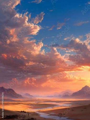 Colorful Sunset Sky Over Mountains and Desert Landscape During Evening Hours