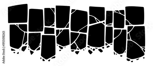 Black Broken Stone Wall Texture Vector Illustration with Cracked Rock Fragments and Geometric Shards on White Background