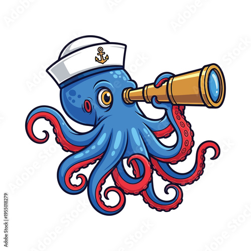 Adventurous sailor octopus with a telescope exploring the seas