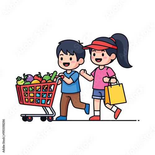Two children happily shopping with a grocery cart filled with fresh produce