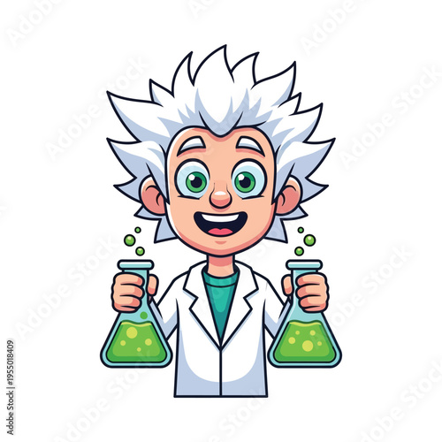 Cheerful scientist holding glowing green flasks with enthusiasm and curiosity