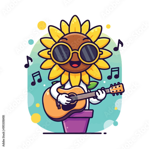 Cuadro en lienzo A cheerful sunflower character playing a guitar with musical notes floating arou