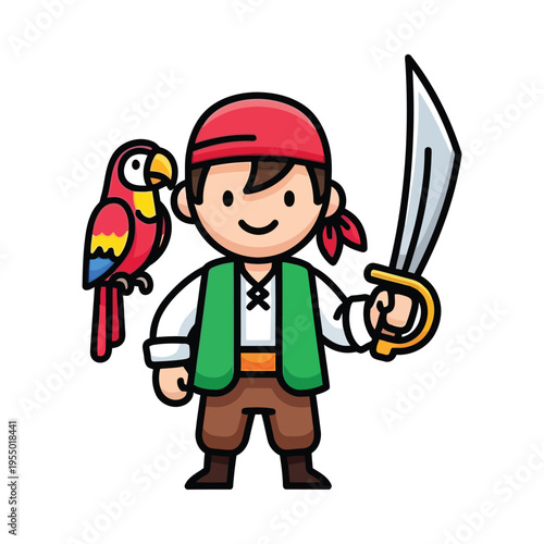 Adventurous pirate character with a parrot and sword