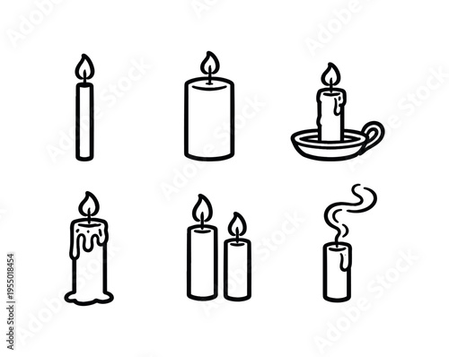 Six black outline candle icons showing tall taper, pillar candle, candlestick with holder, melted candle, two candles paired, and smoking stub.