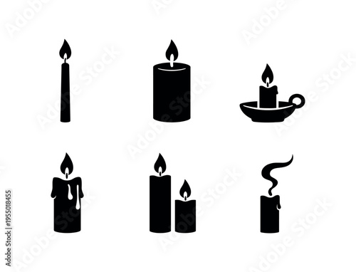 Six solid black candle icons showing tall taper, pillar candle, candlestick with holder, melted candle, two candles paired, and smoking stub.
