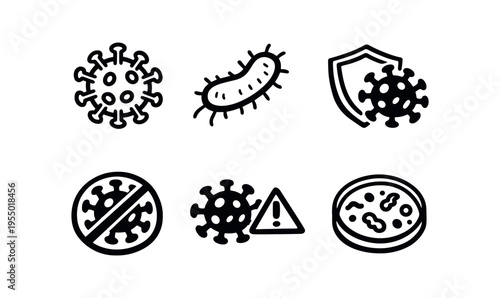 Six black outline icons showing viruses, a bacterium, a shield, a no virus sign, a warning symbol, and a petri dish.
