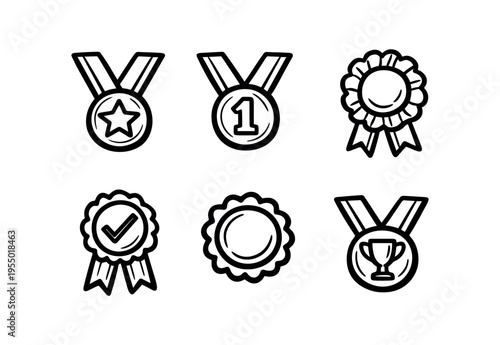 Six black outline award icons including medals with star and number, rosettes, ribbons, and a trophy medal.