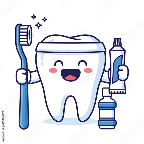 Cheerful cartoon tooth character with dental care accessories