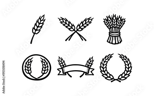 A collection of black wheat and laurel icons including single stalks, crossed stalks, a sheaf, wreaths and a ribbon.