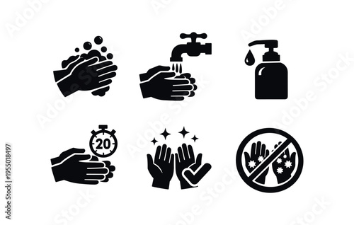 A set of black hand hygiene icons showing washing, faucet, sanitizer, timer and no germs symbols.