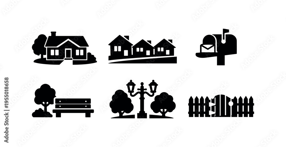 Naklejka premium Black icons of a house and row of homes, a mailbox, park bench, trees, streetlamp and fence with the caption residential neighborhood.