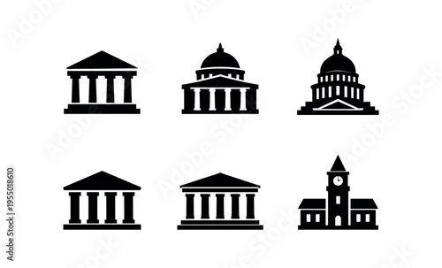 Six solid black silhouette government and civic building icons including domed capitols and a clocktower.