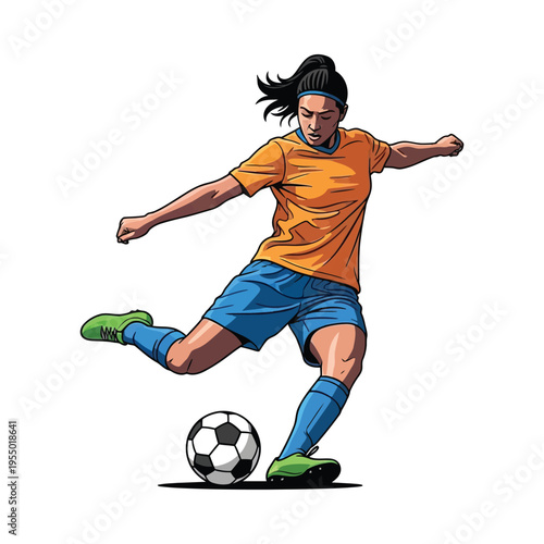 Dynamic soccer player in action kicking a ball on a field