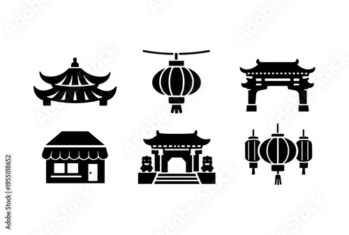 Black icons of a pagoda roof, hanging lanterns, temple gate, shopfront and decorative archway with the caption chinatown.