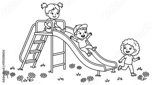 Children sliding down playground slide having fun together on grassy area