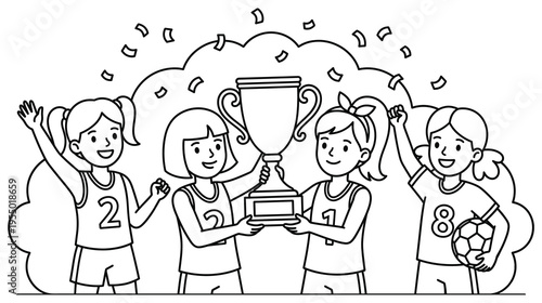 Girls team celebrating winning trophy with soccer ball and confetti