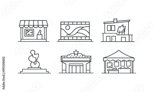 Six simple outline icons show a storefront, mural, modern house, abstract sculpture, theater and market labeled arts district.