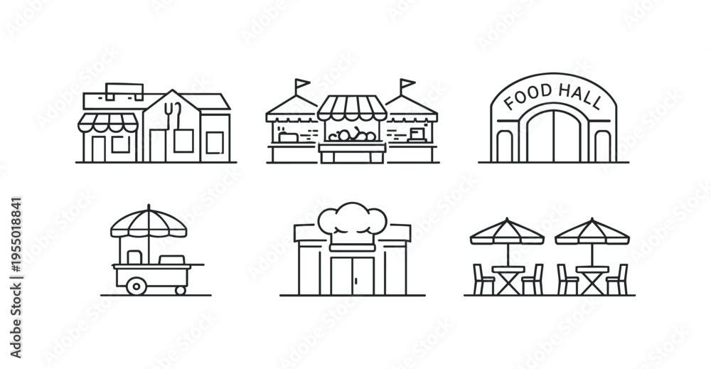 Fototapeta premium A set of simple black line icons showing small food shops, market stalls, a food cart, outdoor seating and a food hall with the caption food district.