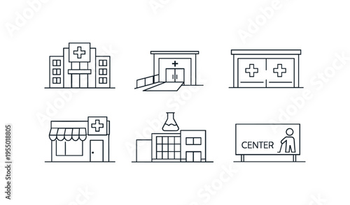 A set of simple outline medical icons including a hospital, clinic, ambulance bay, pharmacy and rehab center above the label medical district.
