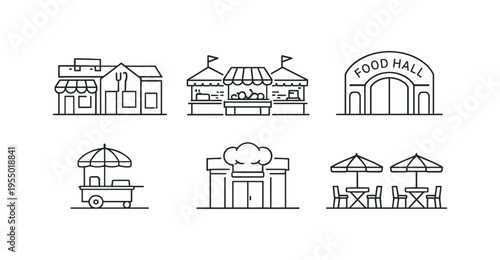 A set of simple black line icons showing small food shops, market stalls, a food cart, outdoor seating and a food hall with the caption food district.