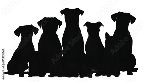 Silhouettes of six different dog breeds sit together in a row against a white background.