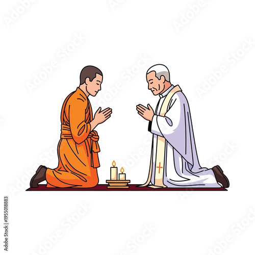 Buddhist monk and priest engaged in a spiritual ritual together