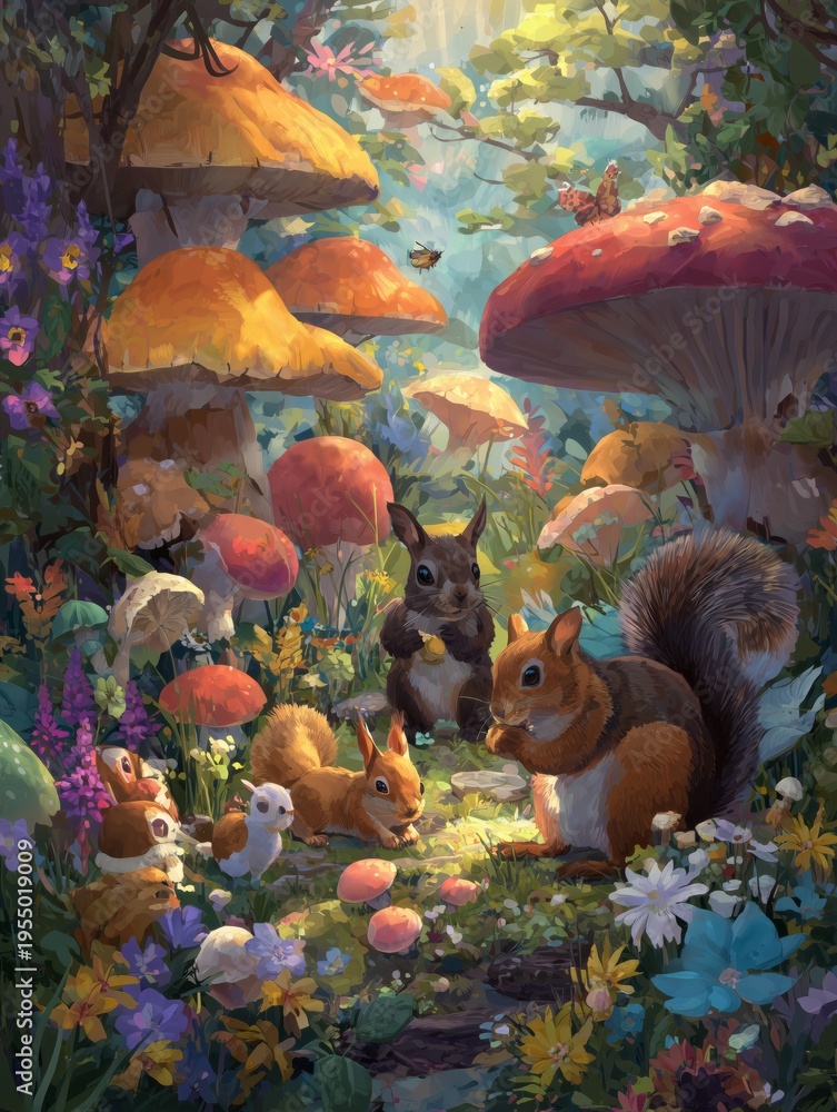 Obraz premium Animals Gather Under Mushrooms in a Colorful Forest at Night