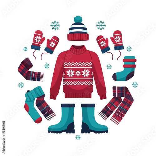 Cozy winter attire set featuring a sweater, hat, gloves, socks, scarf, and boots