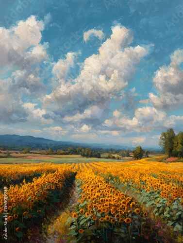 Sunflower Field Under Blue Sky With Clouds in the Countryside During the Afte...