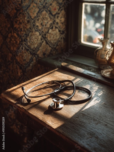 Stethoscope Placed on Wooden Table Near Window With Light Shining in During D...