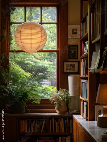 Cozy Interior With a Window View of Nature and a Paper Lantern Hanging Nearby