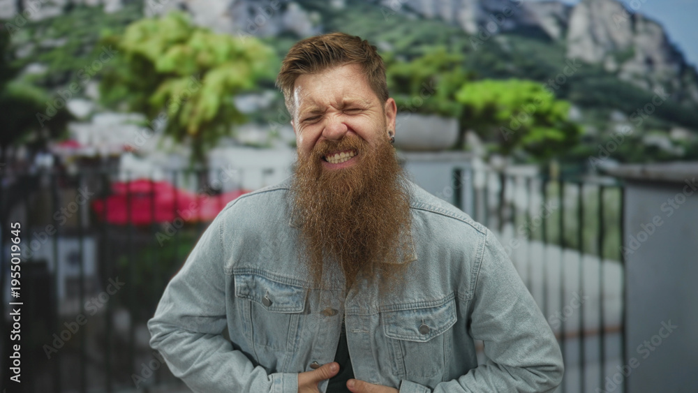 Fototapeta premium Man with long beard wearing denim jacket scrunching face and pressing stomach on building under sunlight; pain.