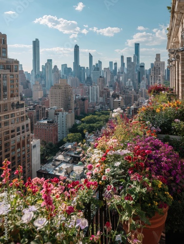 Bright Flowers on a Balcony Overlooking a City Skyline With Buildings and Tre...
