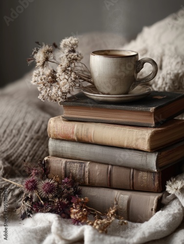 Warm Cup of Coffee Placed on Stacked Old Books With Dried Flowers Nearby