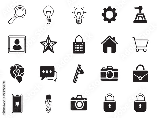 A collection of various black icons on a white background