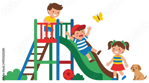 Children playing on colorful playground slide with red ball and dog