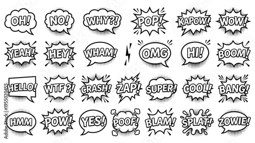 Comic speech bubbles set with halftone sound effects and retro style
