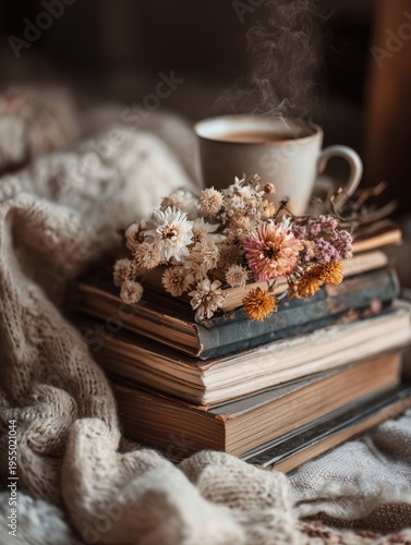 Steaming Cup of Coffee on Stacked Books With Flowers During Cozy Indoor Scene