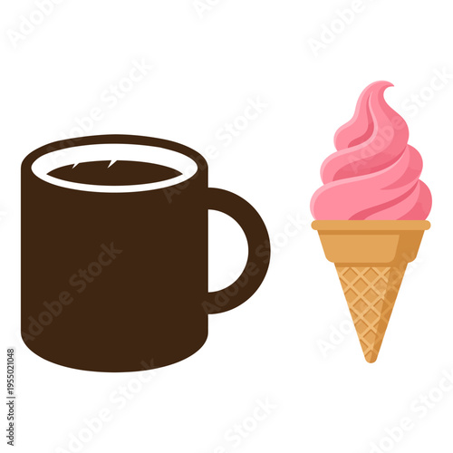 Illustrative concept of a comforting hot beverage and a delightful cold frozen dessert