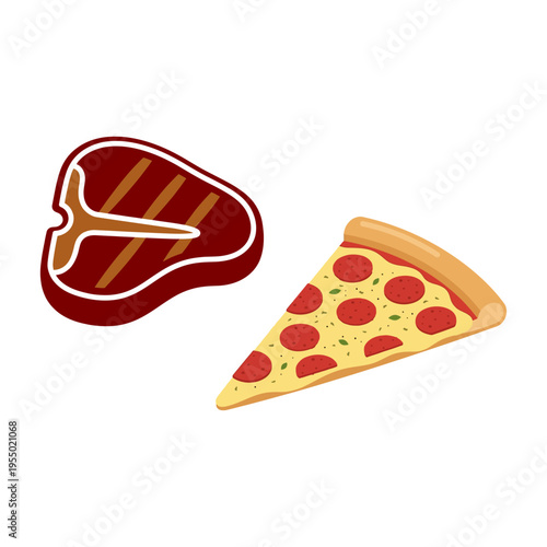 Illustration of a hearty steak and a cheesy pepperoni pizza slice, classic meal options for dining