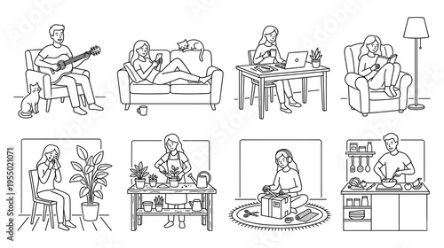 People enjoying leisure activities and hobbies at home line art set
