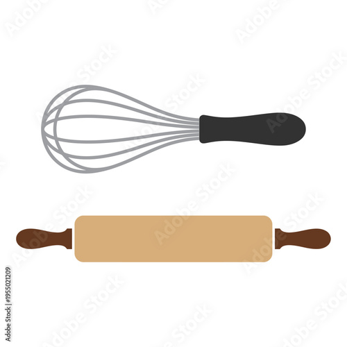 Essential Baking Utensils Hand Whisk and Wooden Rolling Pin for Kitchen Preparation