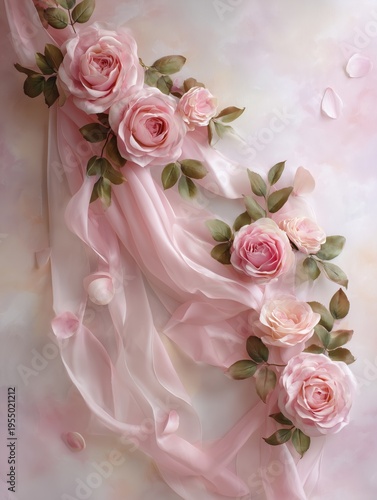 Flowers and Fabric Create a Soft Display of Pink Roses on a Light Background ...